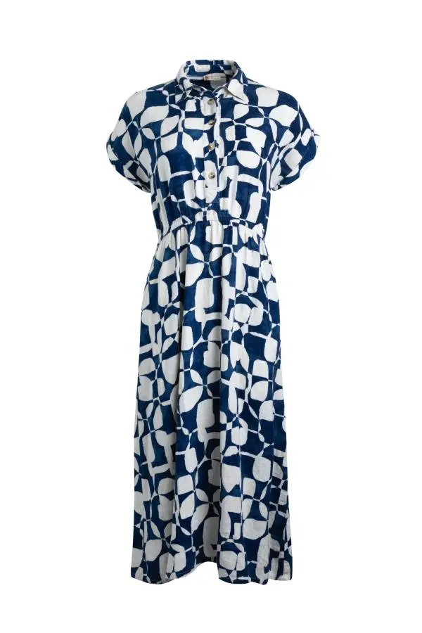 Weird Fish Jaye Linen Rich Printed Shirt Dress Oceano