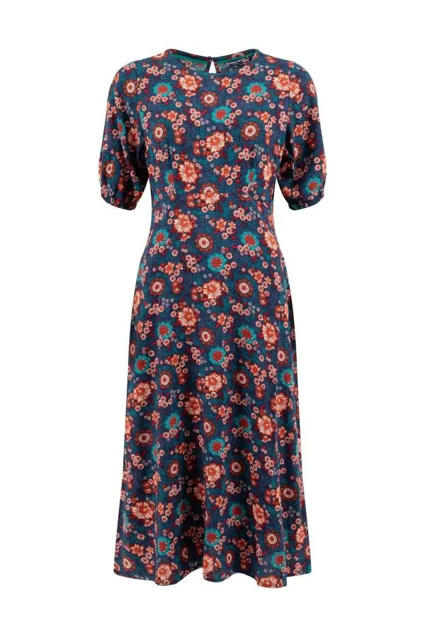 Weird Fish Everly Viscose Printed Viscose Dress Dark Blue