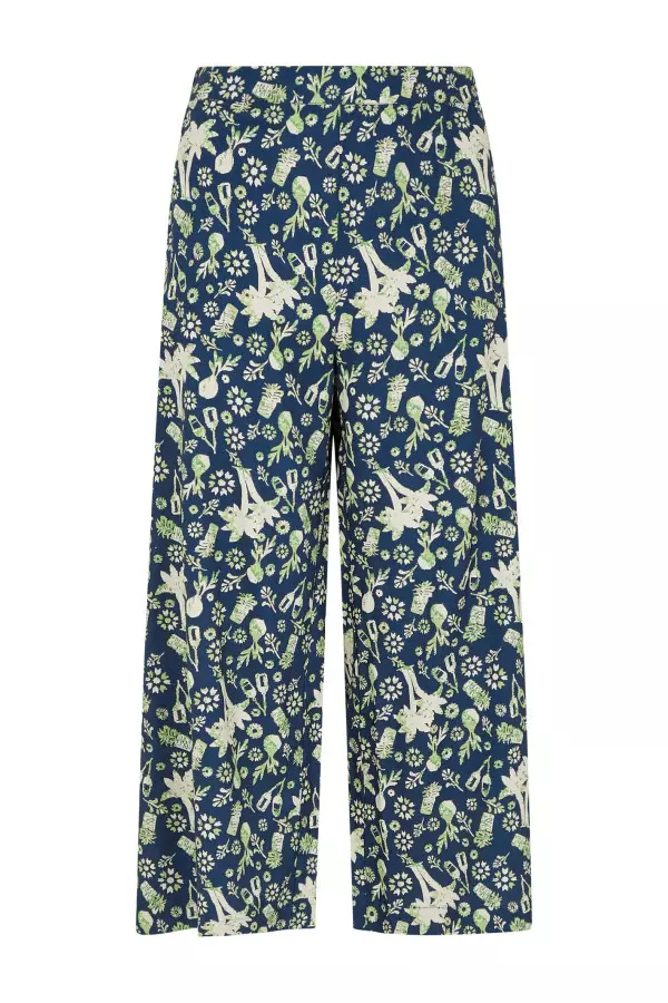 Weird Fish Tresco Eco Viscose Printed Wide Leg Cropped Trousers Ensign Blue