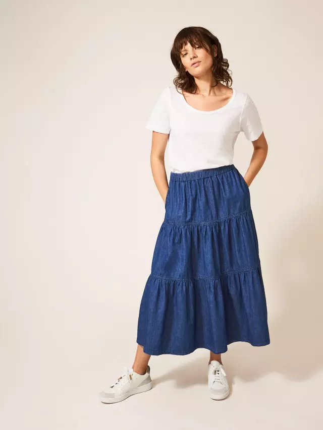 White Stuff Mia Tiered Denim Midi Skirt In Blue