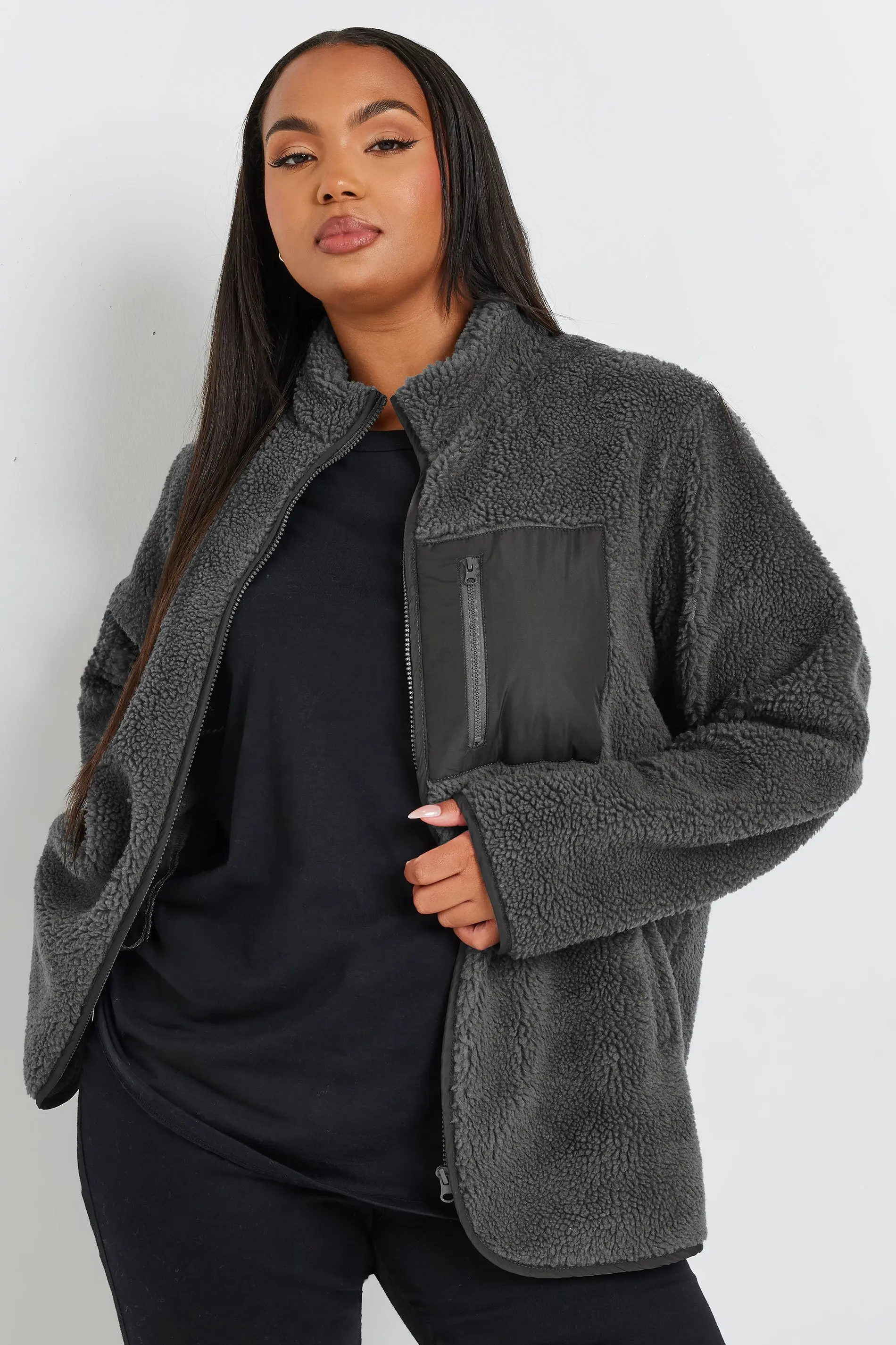 Pockets For Women Yours Curve Charcoal Grey Pocket Teddy Fleece Jacket Women s Curve Plus Size Yours