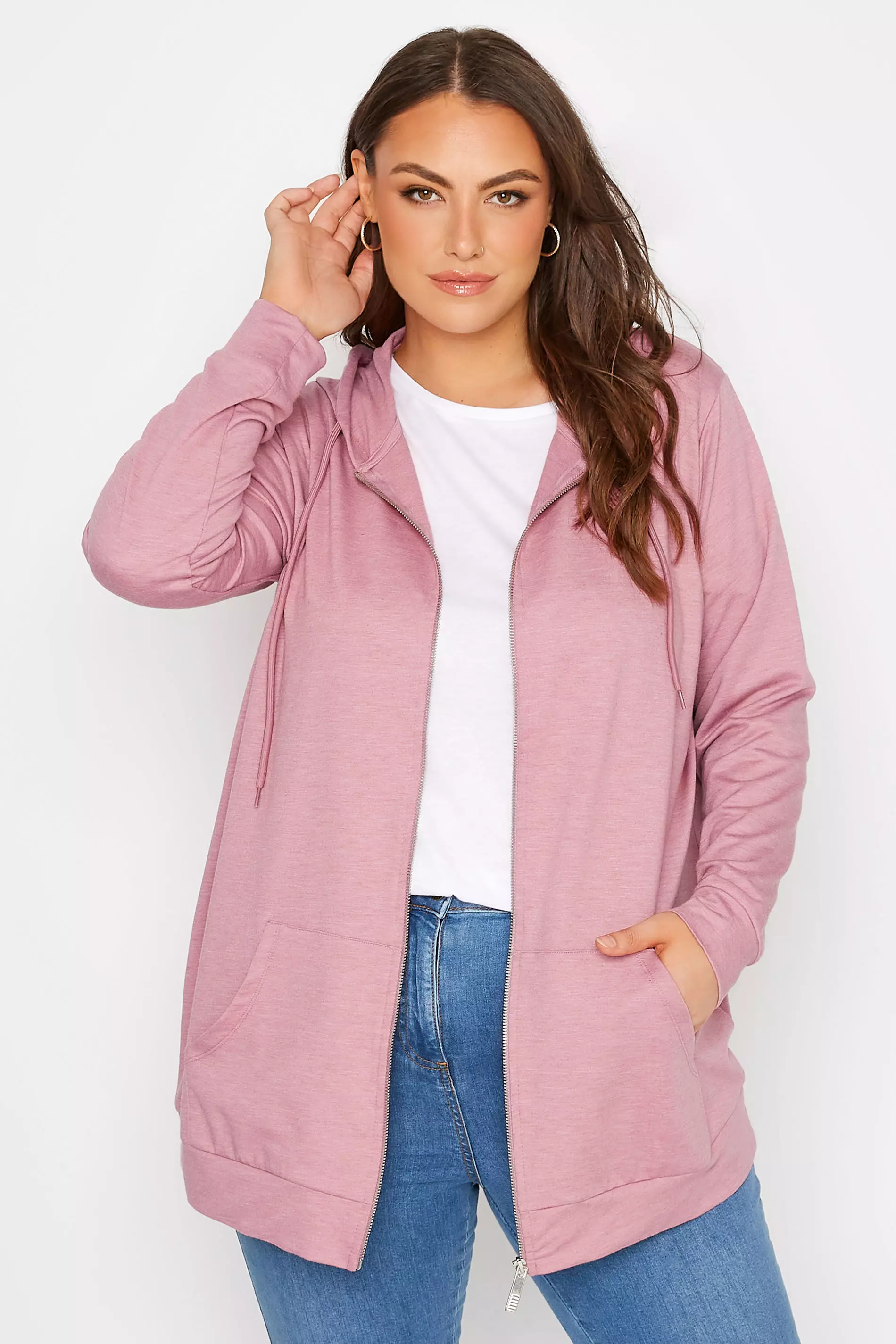 Pockets For Women - Yours Curve Pink Marl Zip Through Hoodie
