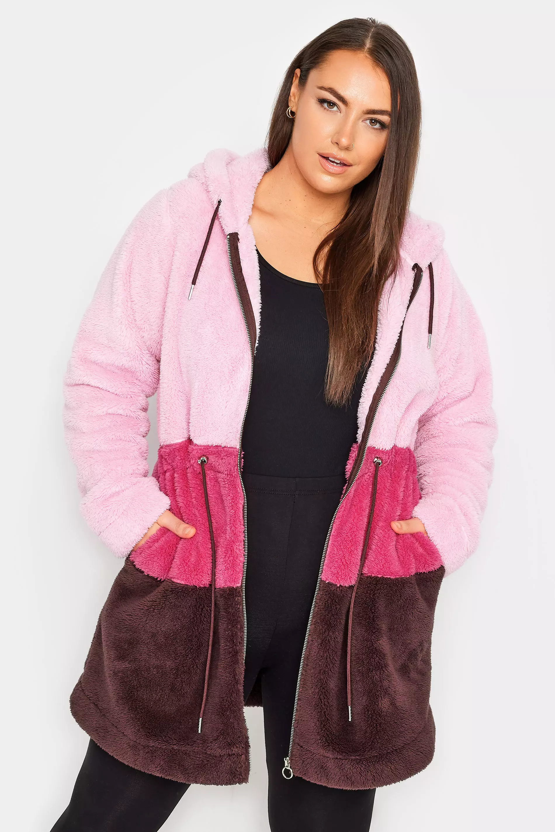 Pockets For Women - Yours Curve Pink Longline Fleece Zip Hoodie