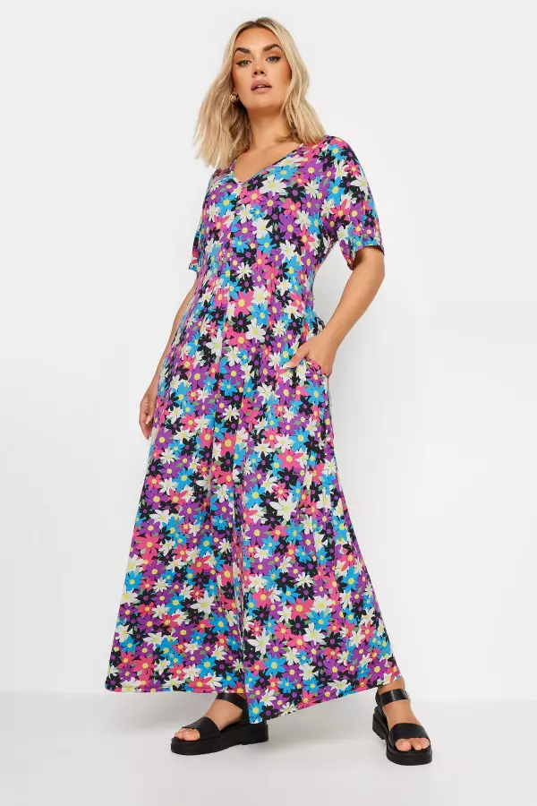 Yours Curve Black & Pink Floral Print Maxi Dress, Women's Curve & Plus Size, Yours