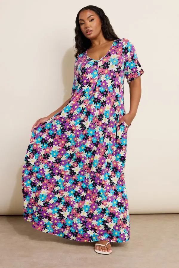 Yours Curve Purple & Pink Floral Print Maxi Dress, Women's Curve & Plus Size, Yours