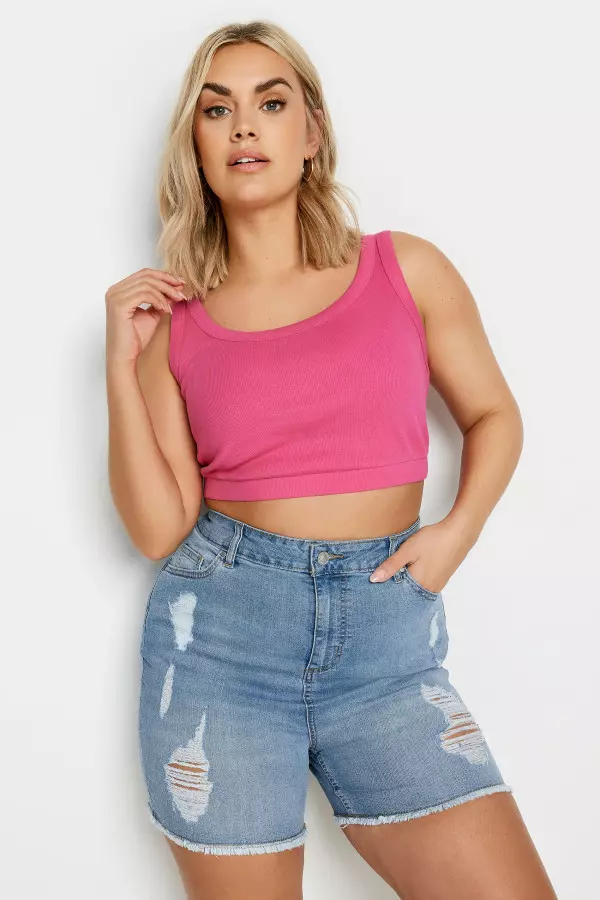 Yours Curve Light Blue Ripped Stretch Denim Shorts, Women's Curve & Plus Size, Yours