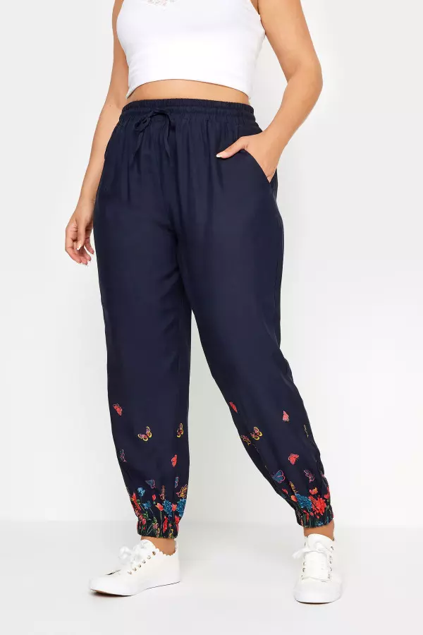 Yours Curve Navy Blue Butterfly Print Border Joggers, Women's Curve & Plus Size, Yours