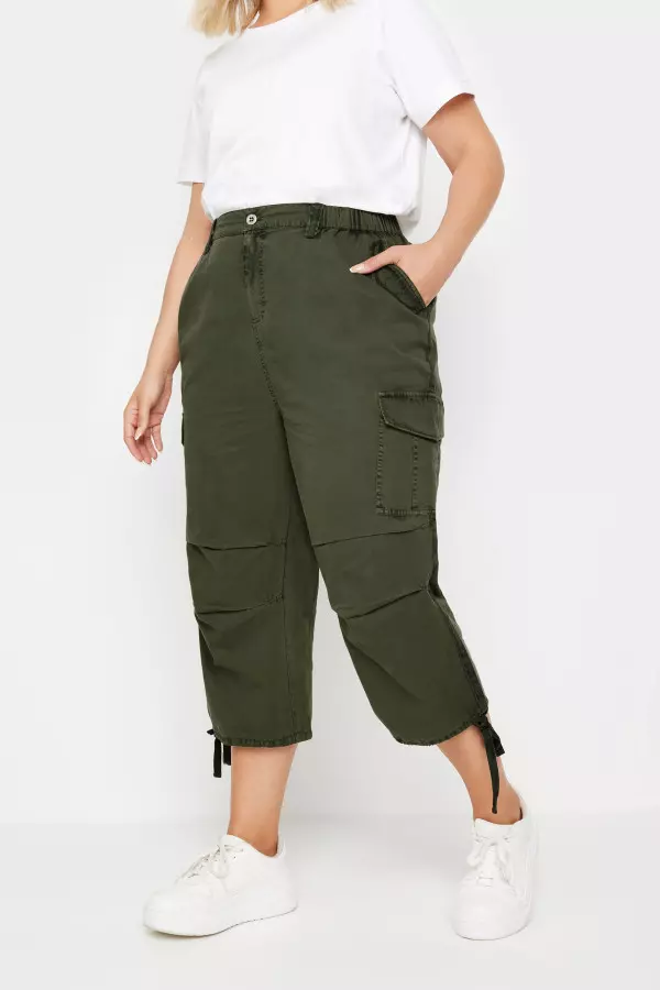 Yours Curve Khaki Green Cargo Cropped Trousers, Women's Curve & Plus Size, Yours