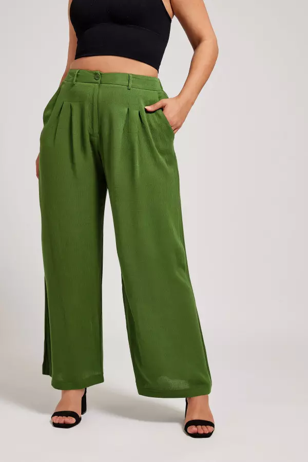 Yours London Curve Green Pleat Front Wide Leg Trousers, Women's Curve & Plus Size, Yours