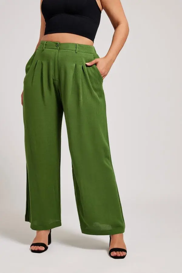 Yours London Plus Size Green Pleat Front Wide Leg Trousers Size 30-32
