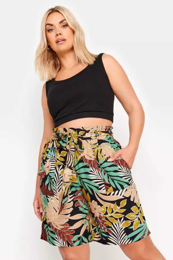 Yours Curve Black Tropical Print Paperbag Shorts, Women's Curve & Plus Size, Yours