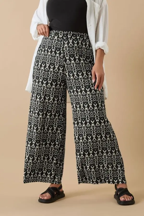 Yours Curve Black Ikat Print Textured Cropped Harem Trousers, Women's Curve & Plus Size, Yours