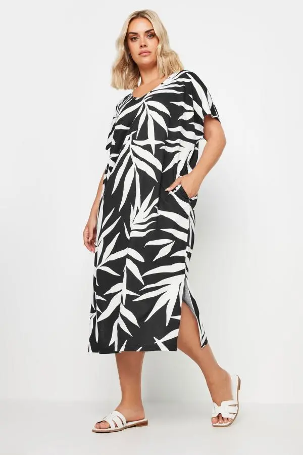 Yours Plus Size Black Tropical Print Midaxi Tshirt Dress Size 38-40