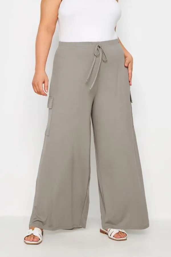 Yours Plus Size Stone Brown Jersey Wide Leg Cargo Trousers Size 30-32