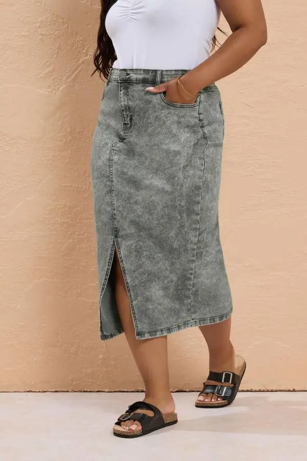 Yours Curve Grey Acid Wash Stretch Denim Midaxi Skirt, Women's Curve & Plus Size, Yours
