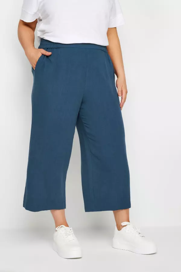 Yours Curve Navy Blue Wide Leg Cropped Linen Trousers, Women's Curve & Plus Size, Yours