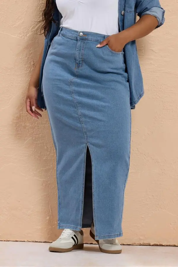 Yours Curve Blue Denim Stretch Maxi Skirt, Women's Curve & Plus Size, Yours
