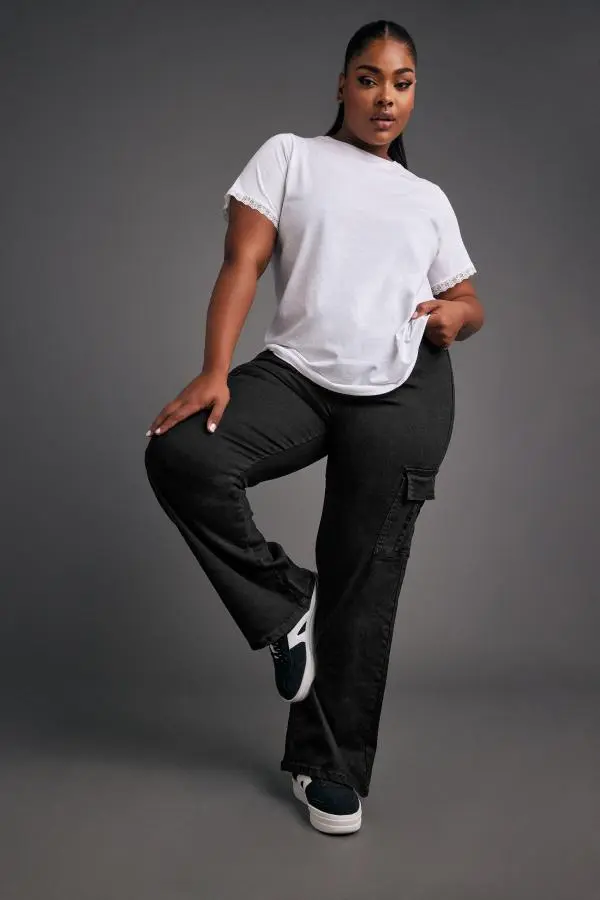 Yours Plus Size Black Cargo Jeans Size 34-36