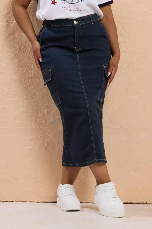 Yours Curve Indigo Blue Cargo Denim Midaxi Skirt, Women's Curve & Plus Size, Yours