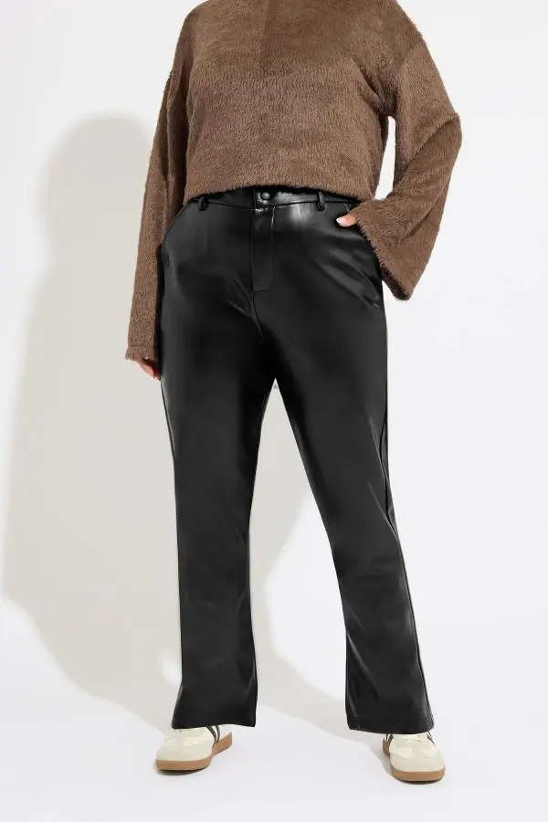 Yours Plus Size Black Faux Leather Straight Leg Trousers Size 30-32