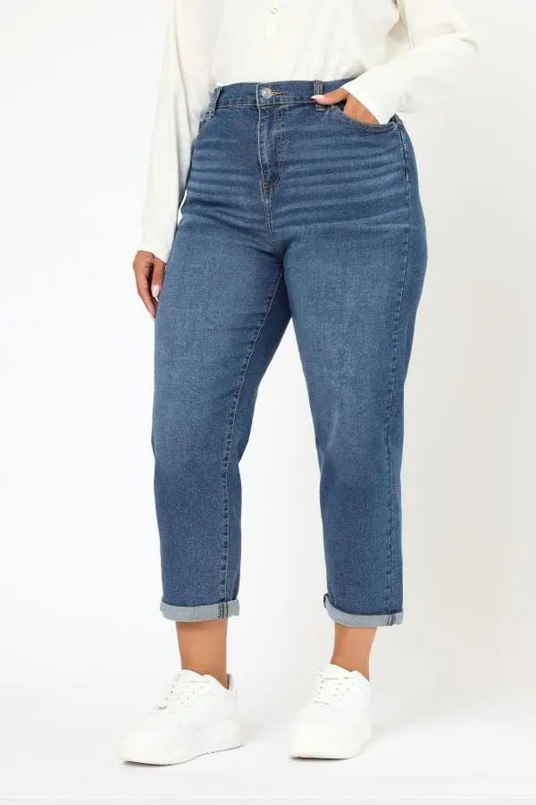 Yours Curve Mid Blue Boyfriend Jeans, Women's Curve & Plus Size, Yours