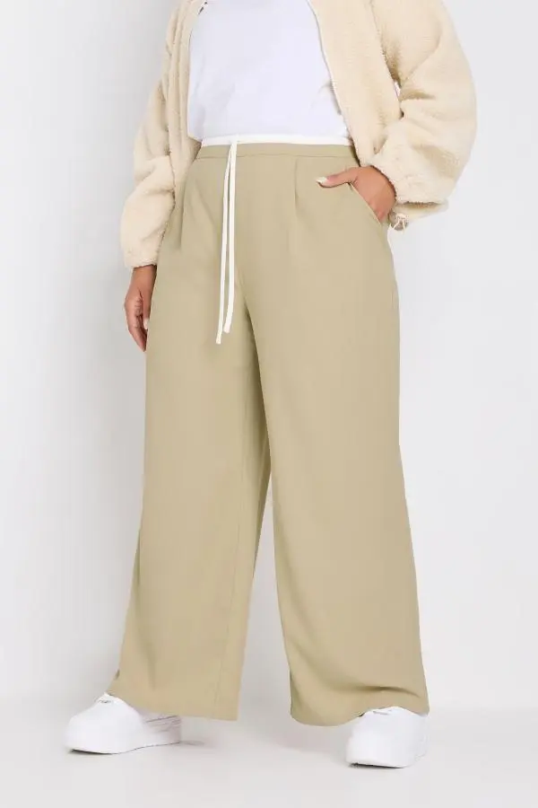 Yours Plus Size Natural Brown Contrast Waist Wide Leg Trousers Size 18