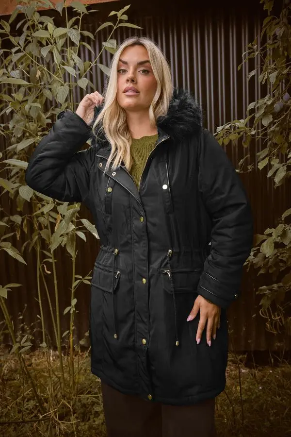 Yours Curve Black Faux Fur Trim Plush Parka Jacket, Women's Curve & Plus Size, Yours