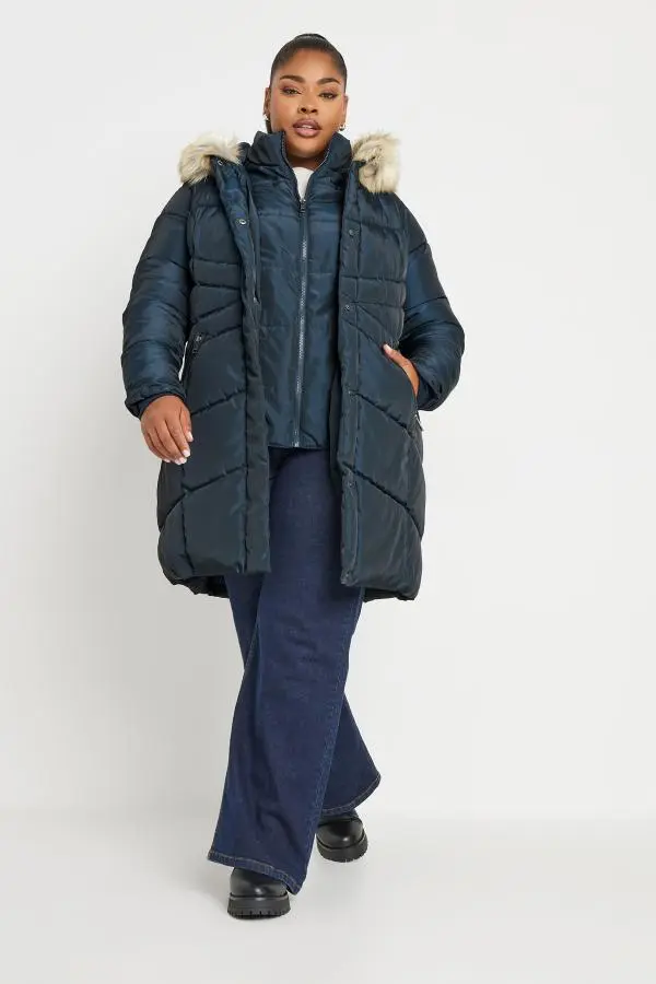 Yours Plus Size Navy Blue Faux Fur Trim Puffer Coat Size 16