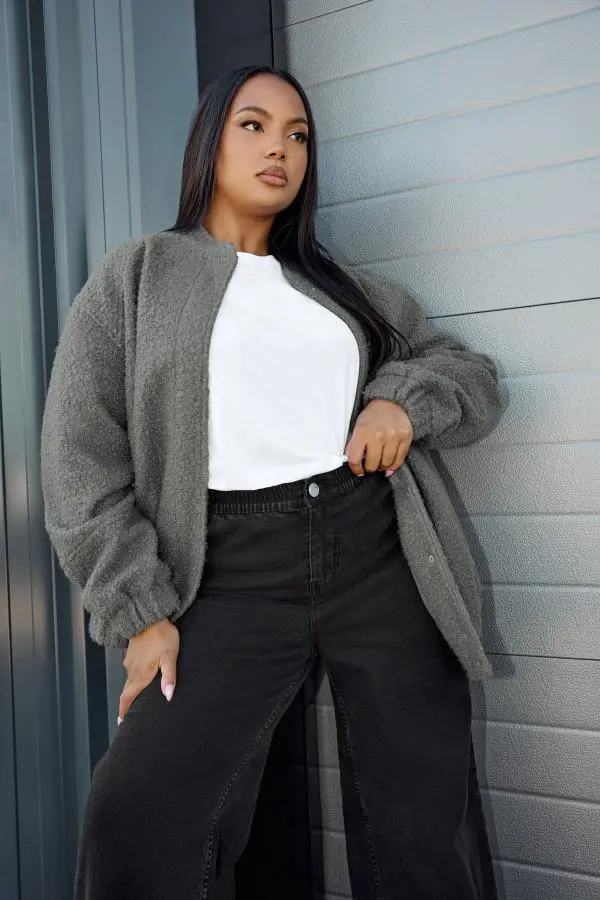 Yours Curve Grey Boucle Bomber Jacket, Women's Curve & Plus Size, Yours