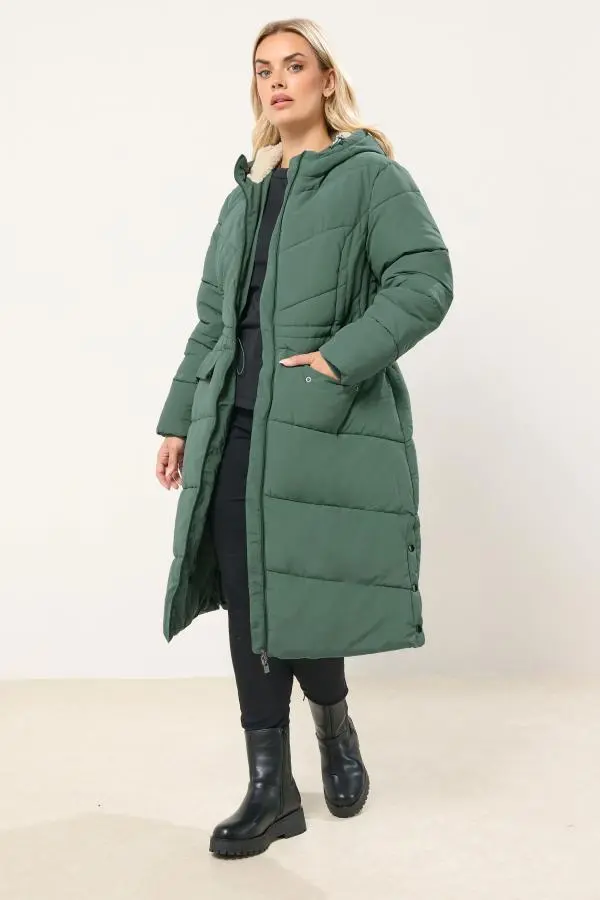 Yours Plus Size Green Borg Hooded Padded Maxi Coat Size 22-24