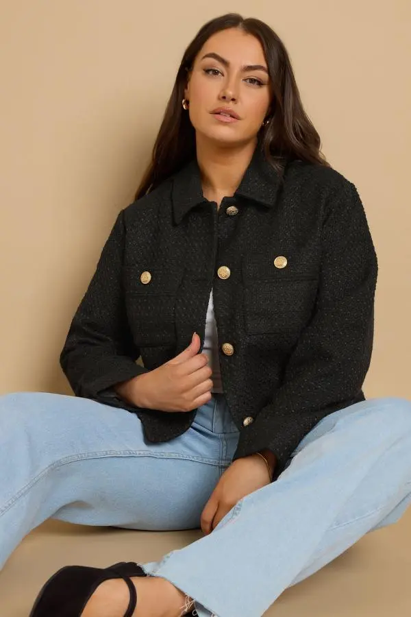 Yours Curve Black Collared Boucle Jacket, Women's Curve & Plus Size, Yours