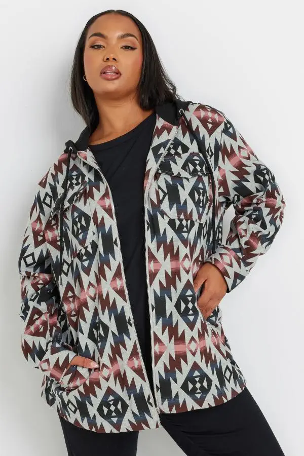 Yours Curve Grey Aztec Print Hooded Shacket, Women's Curve & Plus Size, Yours
