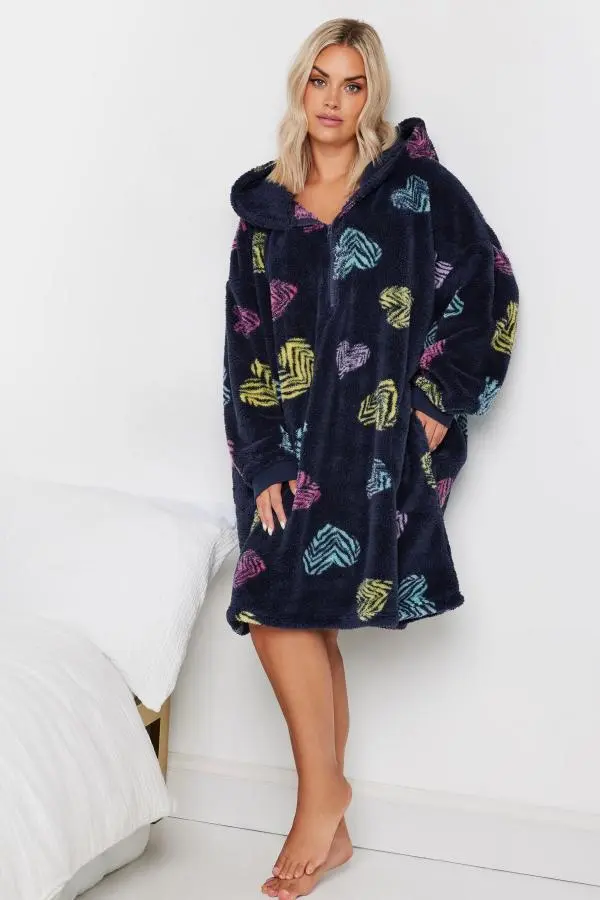 Yours Plus Size Navy Blue Soft Touch Animal Heart Print Snuggle Hoodie Size 26-40