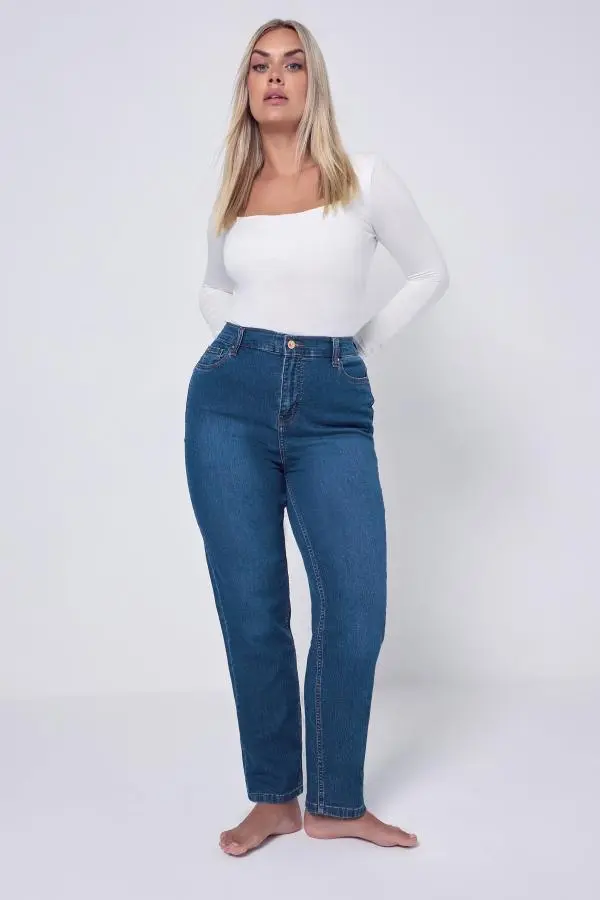 Yours Plus Size Mid Blue Straight Leg Ruby Jeans Size Short > 32