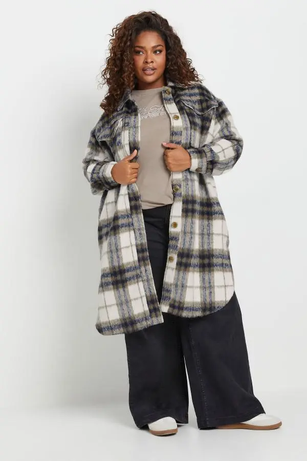 Yours Plus Size Blue Check Print Longline Shacket Size 14