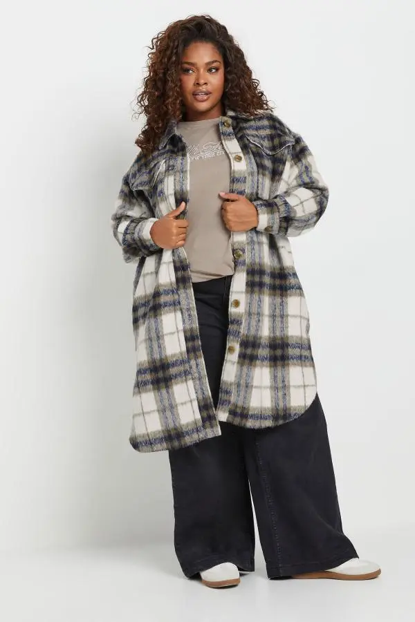 Yours Plus Size Blue Check Print Longline Shacket Size 14