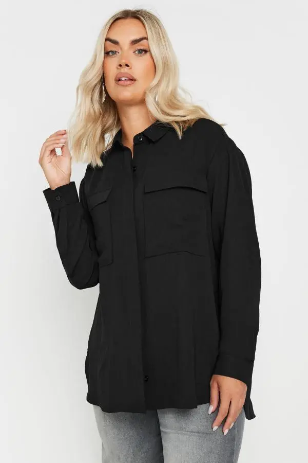 Yours Curve Black Long Sleeve Utility Shirt, Women's Curve & Plus Size, Yours