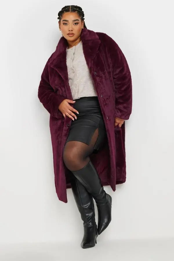Yours Plus Size Burgundy Red Plush Faux Fur Coat Size 30-32