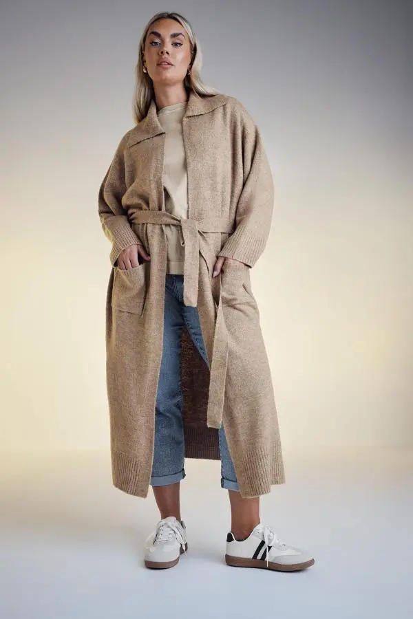 Yours Plus Size Natural Brown Collared Tie Waist Coatigan Size 30-32