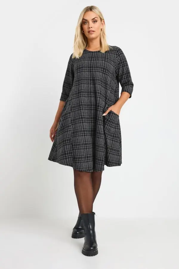 Yours Curve Grey Check Print Pocket Mini Dress, Women's Curve & Plus Size, Yours