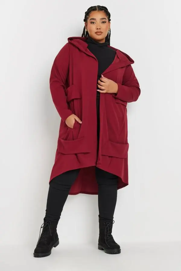 Yours Curve Burgundy Red Longline Hooded Jacket, Women's Curve & Plus Size, Yours