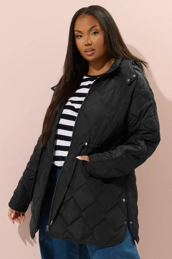 Yours Plus Size Black Midi Quilted Padded Jacket Size 34-36