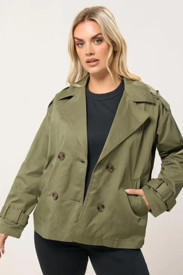 Yours Plus Size Sage Green Short Trench Coat Size 16