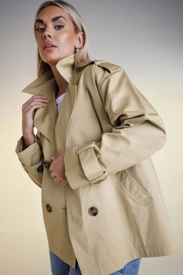 Yours Plus Size Natural Brown Short Trench Coat Size 18