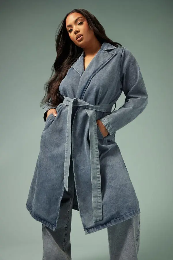 Limited Collection Plus Size Mid Blue Belted Denim Trench Coat Size 30-32