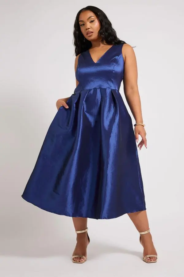 Yours London Plus Size Navy Blue Pleated Vneck Midi Dress Size 26-28