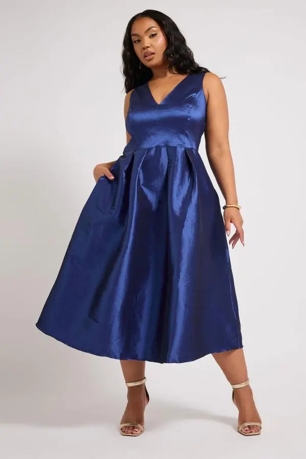 Yours London Plus Size Navy Blue Pleated Vneck Midi Dress Size 30-32