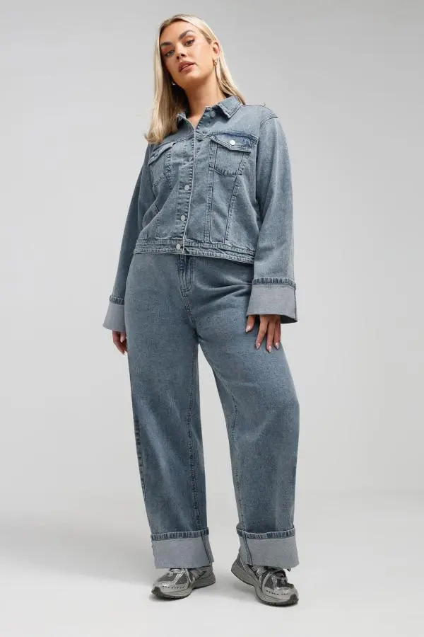 Limited Collection Curve Blue Washed Denim Turn Up Jeans, Women's Curve & Plus Size, Limited Collection