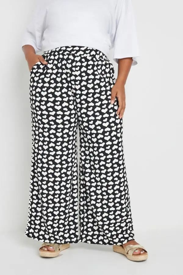 Yours Curve Black Heart Print Wide Leg Trousers, Women's Curve & Plus Size, Yours