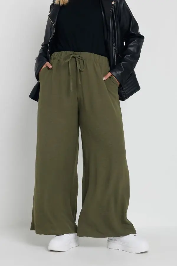 Yours Curve Khaki Green Crepe Wide Leg Trousers, Women's Curve & Plus Size, Yours
